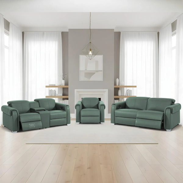 3+2+1 Electric Recliner Couch Set | 3 Piece Reclining Lounge Suite in Green Real Leather with Massage, Console, Wireless Charging, USB Ports & Power Headrests | Turin | The Sofa Shop