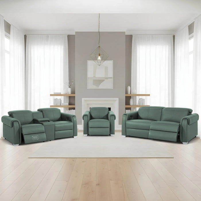 3+2+1 Electric Recliner Couch Set | 3 Piece Reclining Lounge Suite in Green Real Leather with Massage, Console, Wireless Charging, USB Ports & Power Headrests | Turin | The Sofa Shop