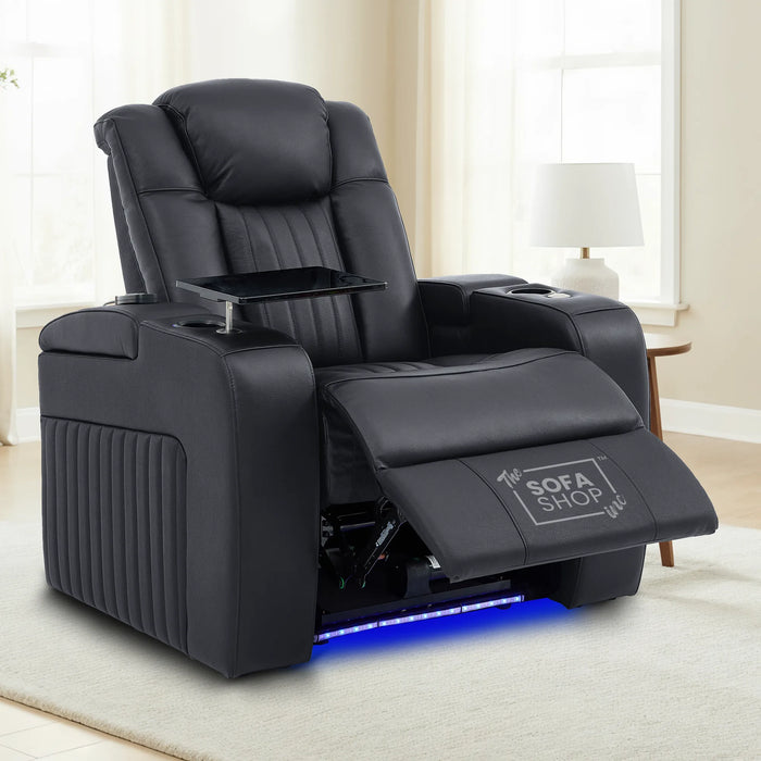 1 Seater Black Real Leather Cinema Chair | Hi-Tech Power Seat with Massage, Food Tray & Power Headrest | Capri