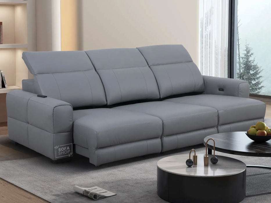 Extendable Electric Sofa - Bed in Grey Real Leather | 3 Independant Power Motion Seats Perfect for Cinema Room & Home Theatre | Adjustable Headrests | USBc Ports | Sevilla