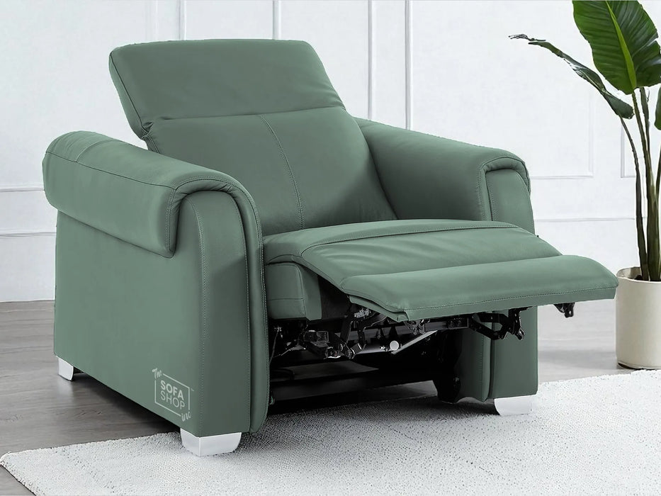 3+2+1 Electric Recliner Couch Set | 3 Piece Reclining Lounge Suite in Green Real Leather with Massage, Console, Wireless Charging, USB Ports & Power Headrests | Turin | The Sofa Shop
