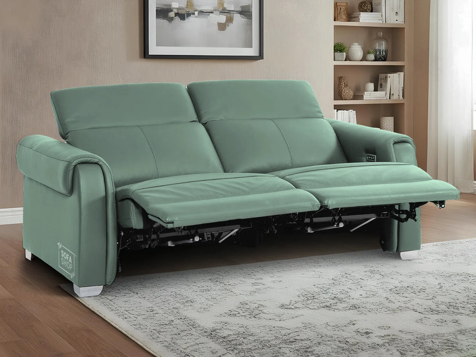 3 Seater Real Leather Recliner Sofa In Green | Hi-Tech Sofa with Massage, USB Ports & Power Headrest | Turin