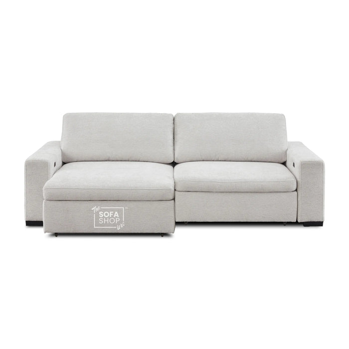 Palma 3 Seater Fabric Extendable Electric Sofa Bed | Power Sliding Couch with USB + USB-C Charging – Light Grey Chenille | Home Theatre Seating & Comfort Headrests | The Sofa Shop