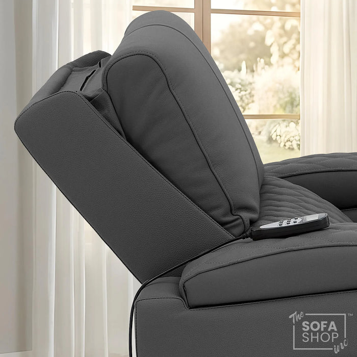 1 Seater Grey Real Leather Electric Recliner Cinema Chair | Recliner Armchair With Vibration Massage, Heated Lumbar And Cooling Cup Holder & Wireless Charging | Assisi | The Sofa Shop