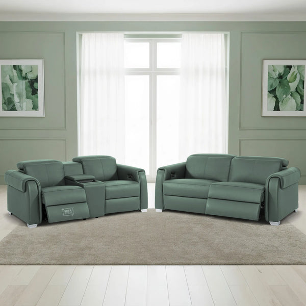 3+2 Real Leather Electric Recliner Sofa Set In Green | Hi-Tech Sofa Set with Massage, Console, USB Ports, Power Headrest, Wireless Charger & Storage Box | Turin