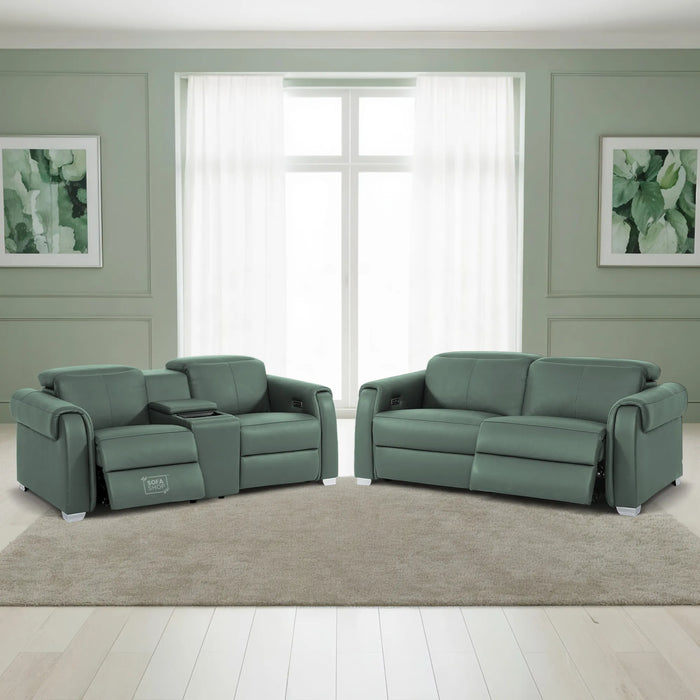 3+2 Real Leather Electric Recliner Sofa Set In Green | Hi-Tech Sofa Set with Massage, Console, USB Ports, Power Headrest, Wireless Charger & Storage Box | Turin