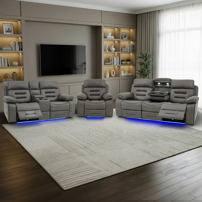 3+2+1 Piece Electric Home Cinema Sofa Set | Fabric Couch Suite Package In Graphite Grey | Hi-Tech Sofa Set with Cupholders + Console + Power + Massage + Speakers | Tuscany