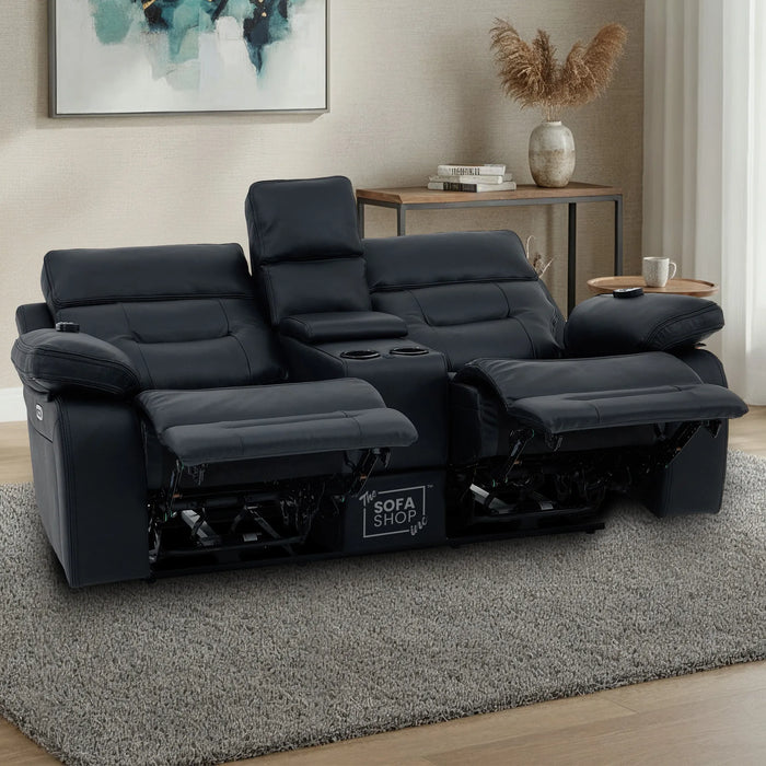 2+1 Electric Recliner Sofa Set inc. Chair in Black Real Leather with Massage, Storage & Power Headrest & Cup Holders - 2 Piece Cinema Sofa Set - Sicily