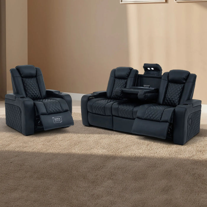 Real Leather 3+1 Sofa Set in Black | Hi-Tech 3-Piece Sofa Package with Electric Recline, Massage, Adjustable Headrest, Power Lumbar Support & USB Ports | Milano | The Sofa Shop