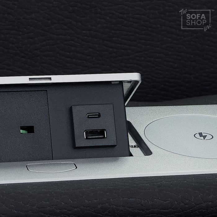 3 Seat Electric Recliner Home Cinema Sofa | Fabric Couch In Charcoal Grey | Hi-Tech Sofa with Massage + Cupholders + Table + Power Headrests + Speakers | Florence