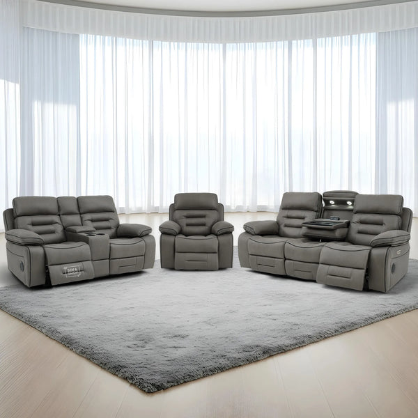 3+2+1 Piece Electric Home Cinema Sofa Set | Fabric Couch Suite Package In Graphite Grey | Hi-Tech Sofa Set with Cupholders + Console + Power + Massage + Speakers | Tuscany