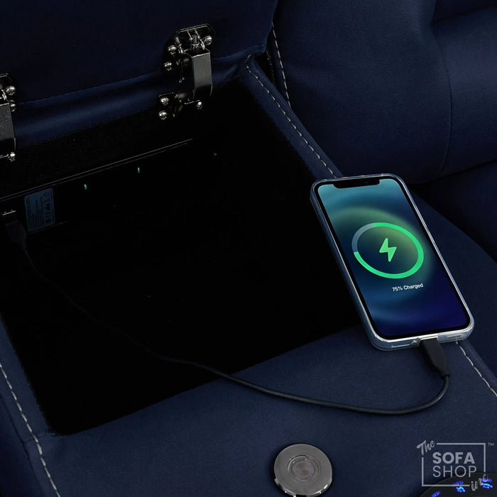 3+2+1  Electric Recliner Cinema Sofa Set in Blue Fabric | Hi-Tech Sofa Suite with Massage, Heated Lumbar, Bluetooth Speakers, Console & Wireless Charging | Tuscany | The Sofa Shop