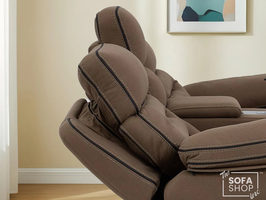 2 Seater Electric Recliner Cinema Sofa in Brown Fabric | Hi-Tech Sofa with 8-Point Massage, USB, Speakers, Power Headrest, Storage & Chilled Cup Holders | Tuscany | The Sofa Shop