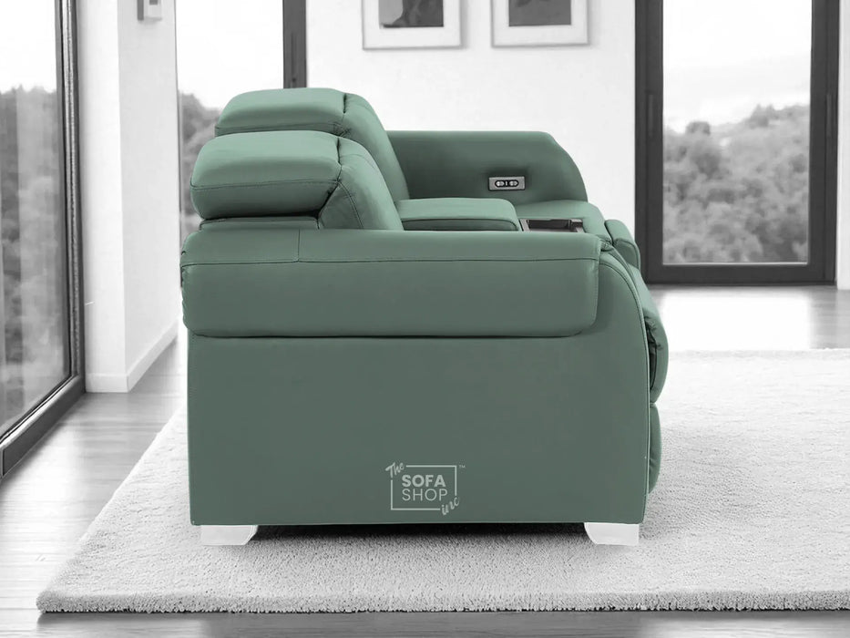 2 Seater Real Leather Electric Recliner Sofa | Cinema Sofa | Hi-Tech Sofa in Green with Massage, Middle Console, Adjustable Headrests & USB | Turin