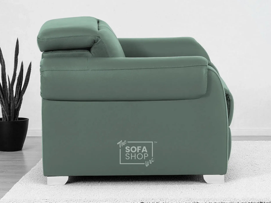 Real Leather Electric Recliner Chair In Green | Hi-Tech Chair with Massage, Power Headrest + USB Charging Ports | Turin