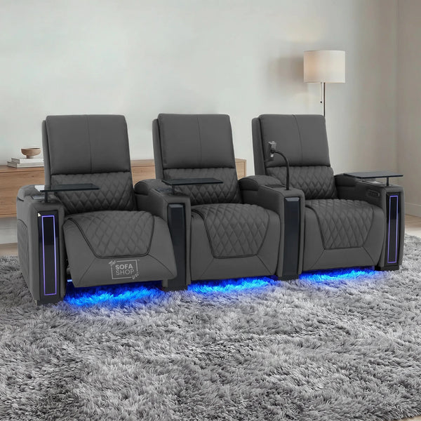 3 Seater Electric Recliner Cinema Sofa in Grey Real Leather | Hi-Tech Cinema Couch with Power Lumbar + Cooling & Heating Cupholders + Wireless Charging + Front Gloss Led + Power Headrests | Assisi | The Sofa Shop