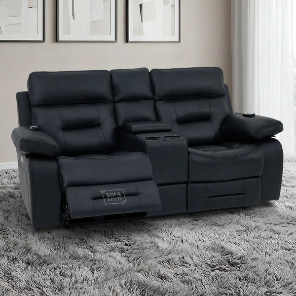2 Seater Black Real Leather Electric Recliner Cinema Sofa | Massage, Power Headrest, Cooling Cupholders & Central Console | Sicily | The Sofa Shop