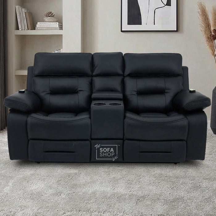 2 Seater Black Real Leather Electric Recliner Cinema Sofa | Massage, Power Headrest, Cooling Cupholders & Central Console | Sicily | The Sofa Shop