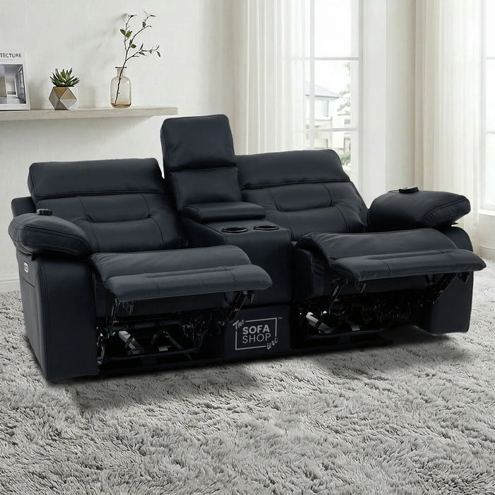 2 Seater Black Real Leather Electric Recliner Cinema Sofa | Massage, Power Headrest, Cooling Cupholders & Central Console | Sicily | The Sofa Shop