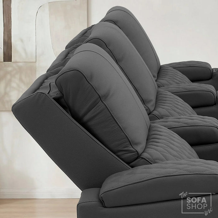 3 Seater Electric Recliner Cinema Sofa in Grey Real Leather | Hi-Tech Cinema Couch with Power Lumbar + Cooling & Heating Cupholders + Wireless Charging + Front Gloss Led + Power Headrests | Assisi | The Sofa Shop