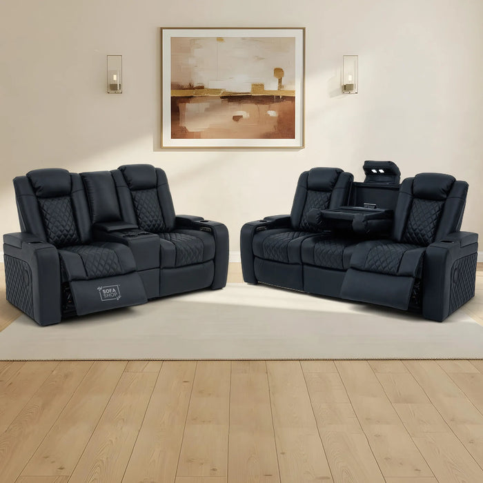 Real Leather 3+2 Cinema Sofa Set in Black | Electric Recliner Cinema Sofa Package | Power Lumbar + Wireless Charger + Adjustable Headrest + USB | Milano | The Sofa Shop