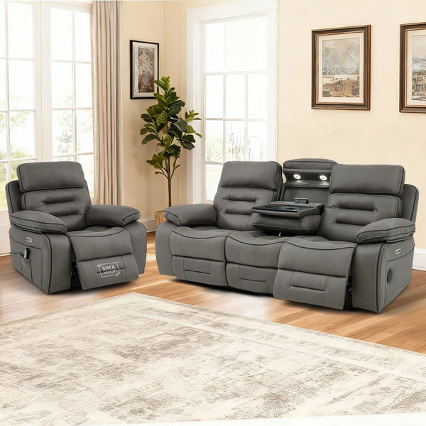 3+1 Cinema-Style Sofa Set | 2 Piece Electric Reclining Sofa Package in Graphite Grey Fabric | Hi-Tech Sofa Set with Massage, Cup Holders & Storage | Tuscany