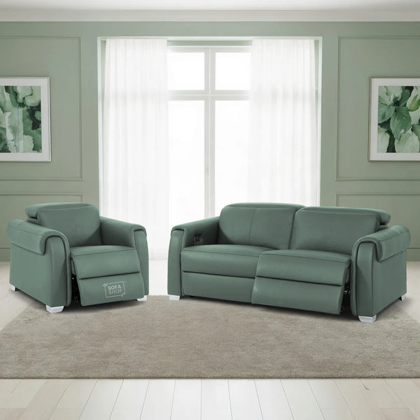 3+1 Real Leather Recliner Electric Sofa Set in Green | Hi-Tech Sofa Set with Massage, USB Ports & Power Headrests | Turin