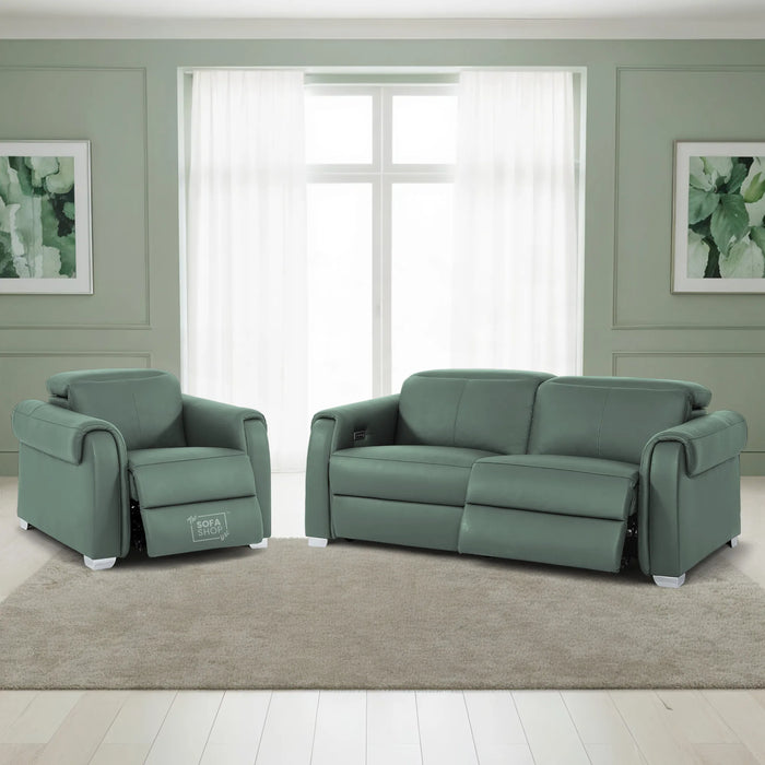 3+1 Real Leather Recliner Electric Sofa Set in Green | Hi-Tech Sofa Set with Massage, USB Ports & Power Headrests | Turin
