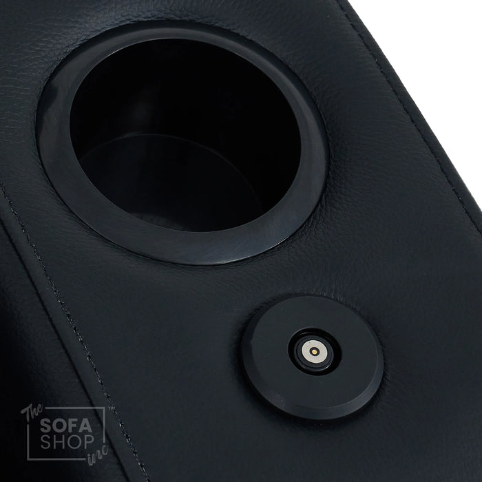 2 Seater Real Leather Power Reclining Cinema Sofa in Black with Console, USB Ports, Mild Heated Lumbar, Table, Cup Holders, Storage & Massage | Capri | The Sofa Shop