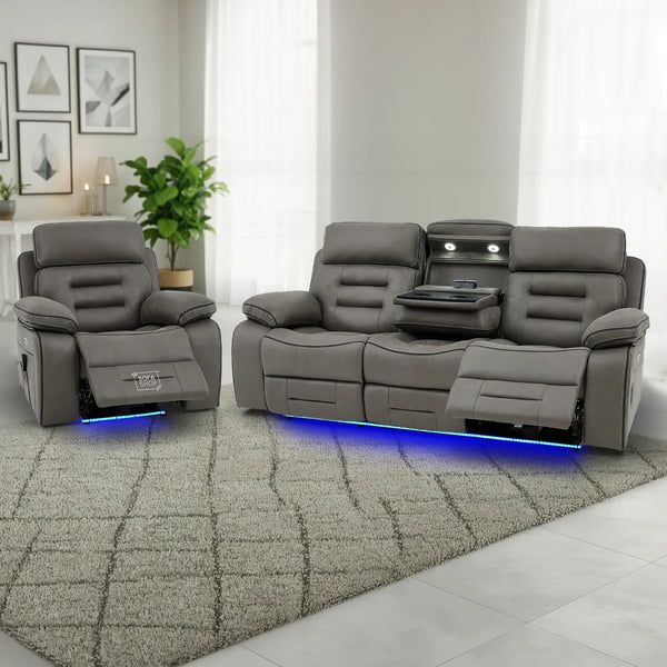 3+1 Cinema-Style Sofa Set | 2 Piece Electric Reclining Sofa Package in Graphite Grey Fabric | Hi-Tech Sofa Set with Massage, Cup Holders & Storage | Tuscany