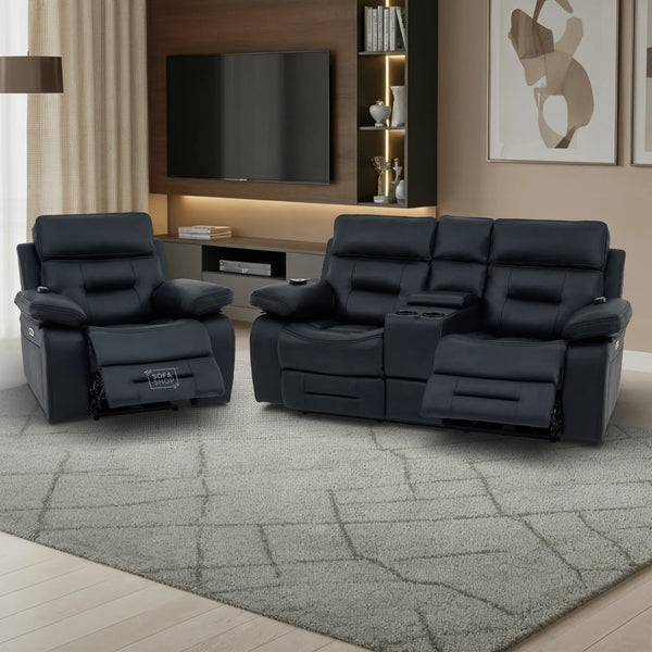 2+1 Electric Recliner Sofa Set inc. Chair in Black Real Leather with Massage, Storage & Power Headrest & Cup Holders - 2 Piece Cinema Sofa Set - Sicily
