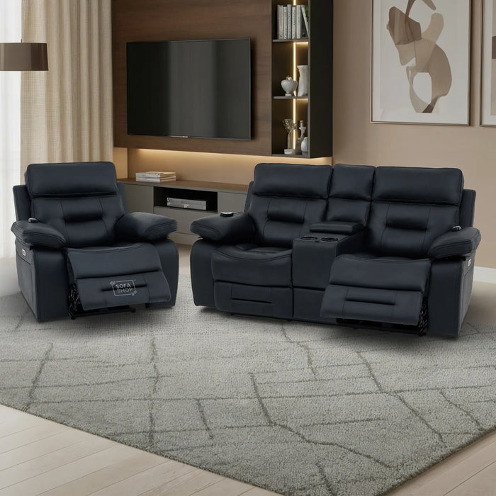 2+1 Electric Recliner Sofa Set inc. Chair in Black Real Leather with Massage, Storage & Power Headrest & Cup Holders - 2 Piece Cinema Sofa Set - Sicily