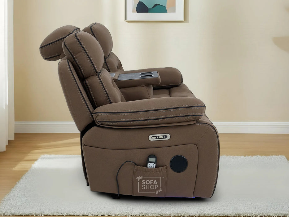 3 Seater Electric Recliner Cinema Sofa in Brown Fabric | Hi-Tech Sofa With Massage, Fold-Down Table, Bluetooth Speakers, LED Lights & Power Headrest | Tuscany | The Sofa Shop
