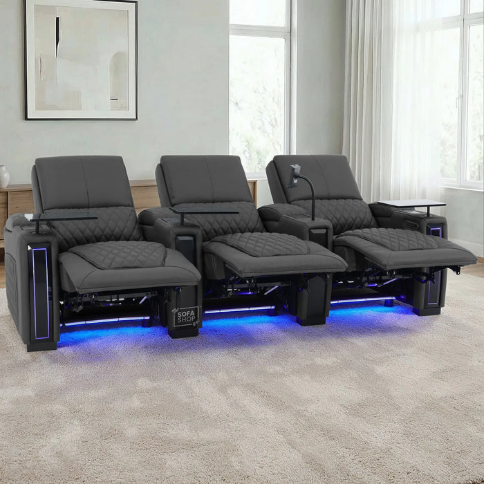 3 Seater Electric Recliner Cinema Sofa in Grey Real Leather | Hi-Tech Cinema Couch with Power Lumbar + Cooling & Heating Cupholders + Wireless Charging + Front Gloss Led + Power Headrests | Assisi | The Sofa Shop