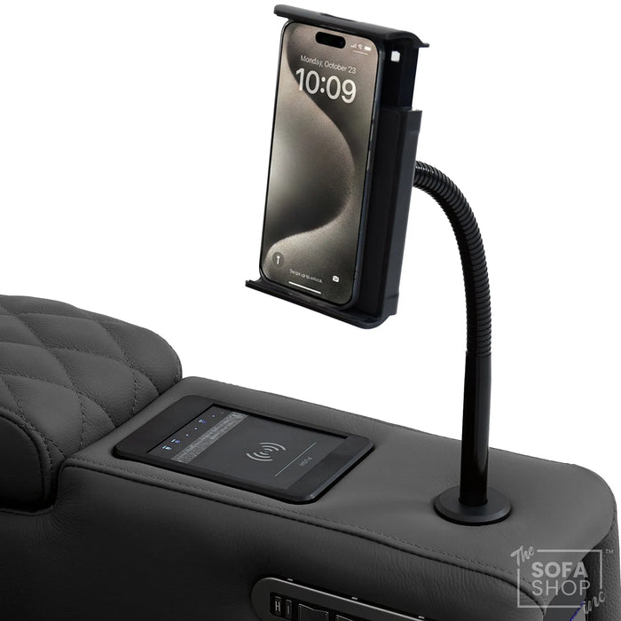 1 Seater Grey Real Leather Electric Recliner Cinema Chair | Recliner Armchair With Vibration Massage, Heated Lumbar And Cooling Cup Holder & Wireless Charging | Assisi | The Sofa Shop