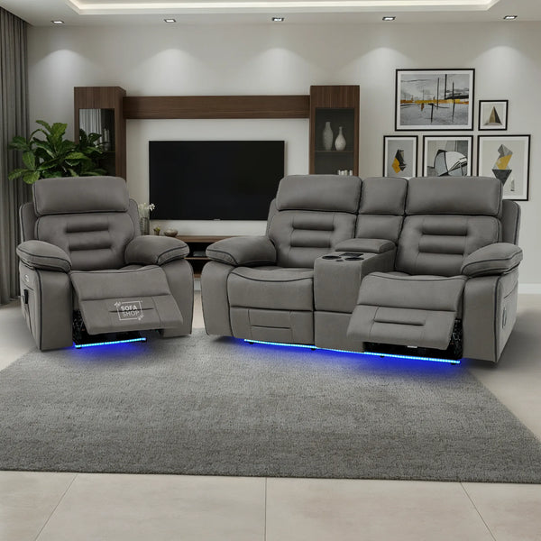 2+1 Electric Recliner Sofa Set | Cinema Sofa Package in Graphite Grey Resilience Fabric. 2 Piece Cinema Sofa | Hi-Tech Sofa Set With Massage, LED Cup Holders & USB Ports & Storage | Tuscany