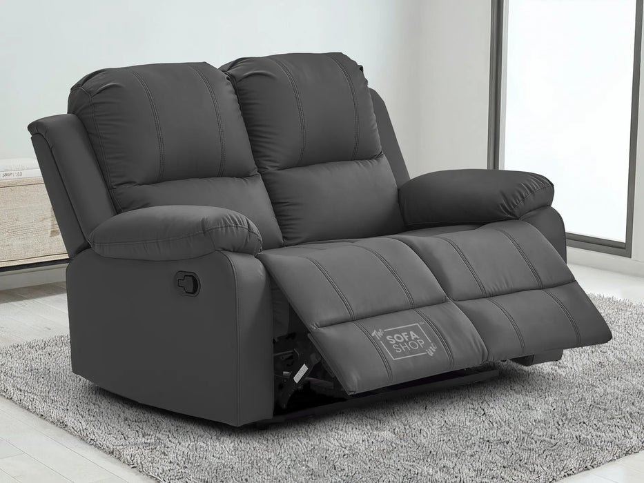 2 Seater Leather Recliner Sofa in Grey | Practical Manual Reclining Sofa with Fully Reclining Mechanism, Easy to Clean Leather & Compact Comfort | Trento