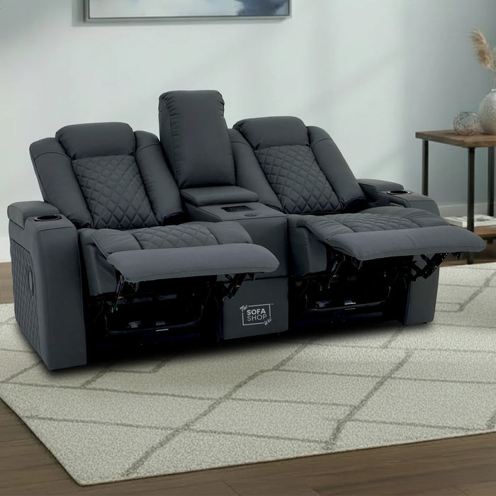 Grey Real Leather 2 Seater Electric Recliner Cinema Sofa | Power Lumbar, Speakers, Console, Wireless Charging & Cooling Cup Holders | Milano | The Sofa Shop