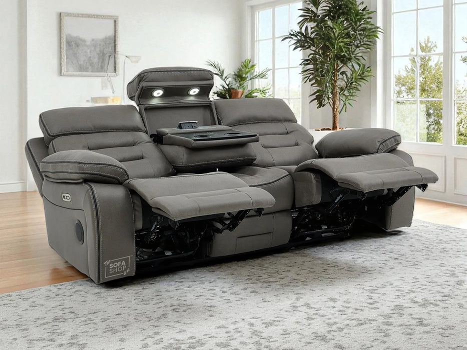 3+2 Sofa Set. Electric Cinema Sofa Suite in Graphite Fabric | Hi-Tech Sofa Set with Cupholders + Console + Power + USB + Speakers | Tuscany | The Sofa Shop