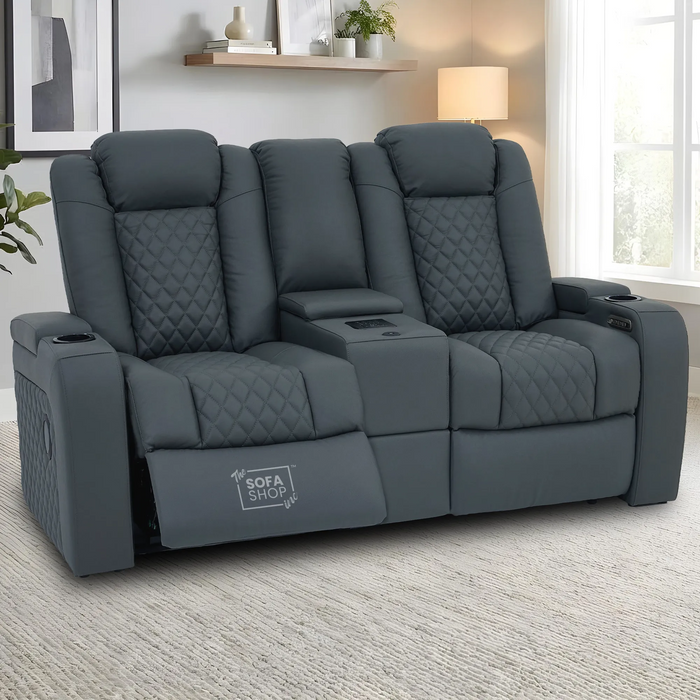 Grey Real Leather 2 Seater Electric Recliner Cinema Sofa | Power Lumbar, Speakers, Console, Wireless Charging & Cooling Cup Holders | Milano | The Sofa Shop