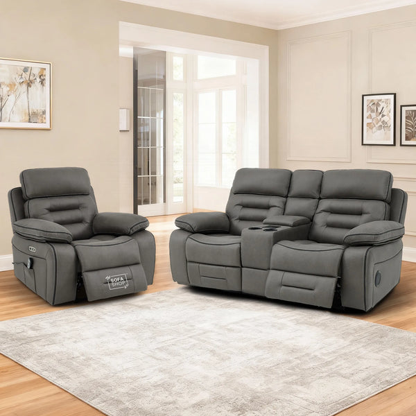 2+1 Electric Recliner Sofa Set | Cinema Sofa Package in Graphite Grey Resilience Fabric. 2 Piece Cinema Sofa | Hi-Tech Sofa Set With Massage, LED Cup Holders & USB Ports & Storage | Tuscany