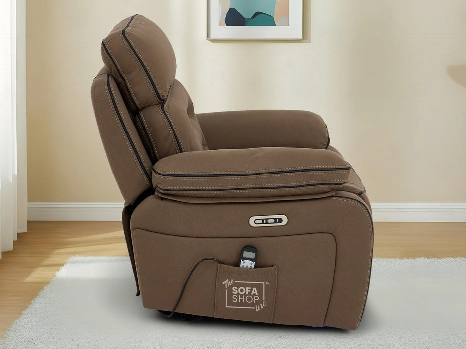 Electric Recliner Armchair | Brown Fabric Home Cinema Chair with Massage, Power Recline, LED Lights, USB Port & Adjustable Headrest | Tuscany | The Sofa Shop