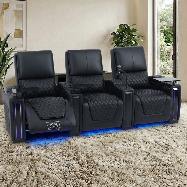 3 Seater Black Real Leather Electric Recliner Cinema Sofa | Leather Settee With Power Lumbar, Power Headrests + Wireless Charging, Heating & Cooling Cupholders, Power Grommets  | Assisi | The Sofa Shop