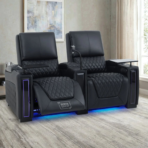 2 Seater Cinema Sofa in Black Real Leather | Electric Recliner Sofa With  Power Lumbar Support, Power Grommet, Wireless Charging, Heating & Cooling Cupholders | Assisi  | The Sofa Shop
