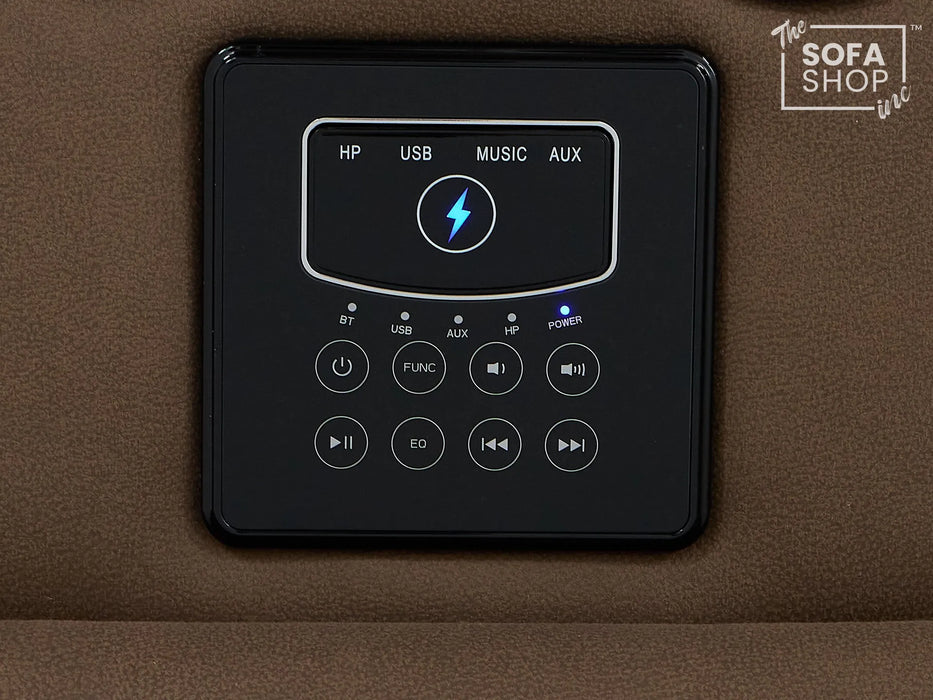 2 Seater Electric Recliner Cinema Sofa in Brown Fabric | Hi-Tech Sofa with 8-Point Massage, USB, Speakers, Power Headrest, Storage & Chilled Cup Holders | Tuscany | The Sofa Shop