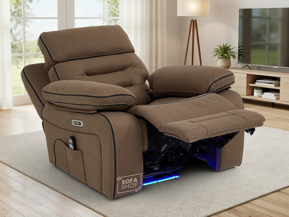 Electric Recliner Armchair | Brown Fabric Home Cinema Chair with Massage, Power Recline, LED Lights, USB Port & Adjustable Headrest | Tuscany | The Sofa Shop