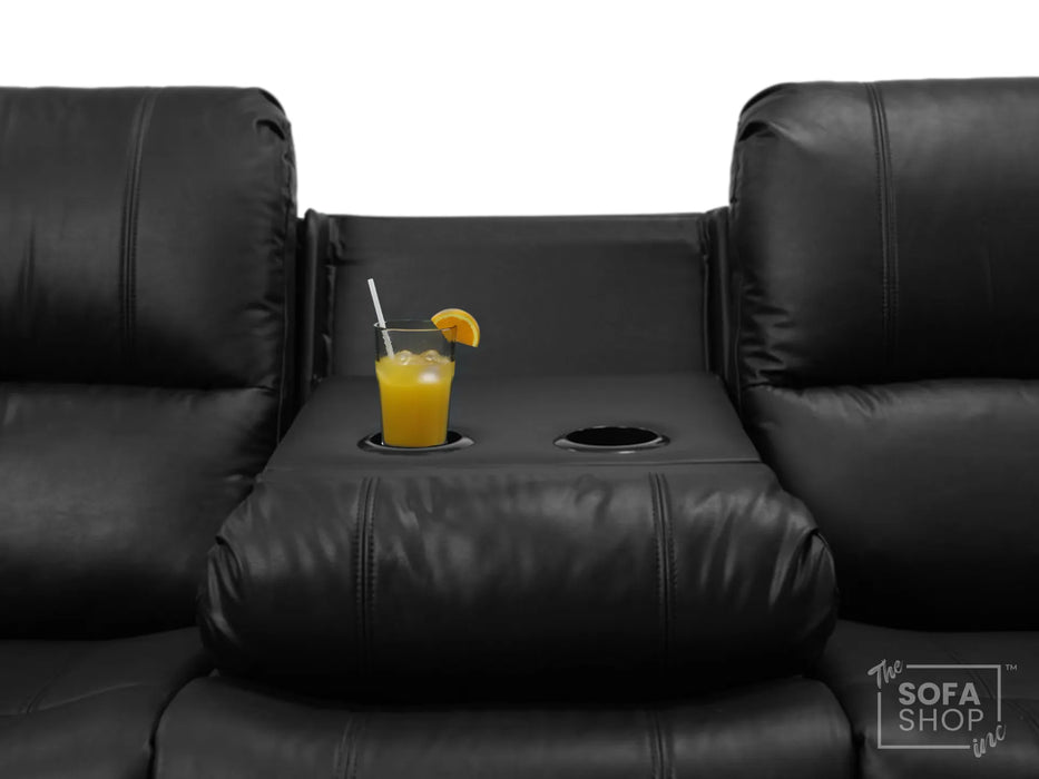 3 Seater Recliner Sofa in Black Leather with Drop-Down Table & Cup Holders | Easy to Clean & Comfortable | Trento