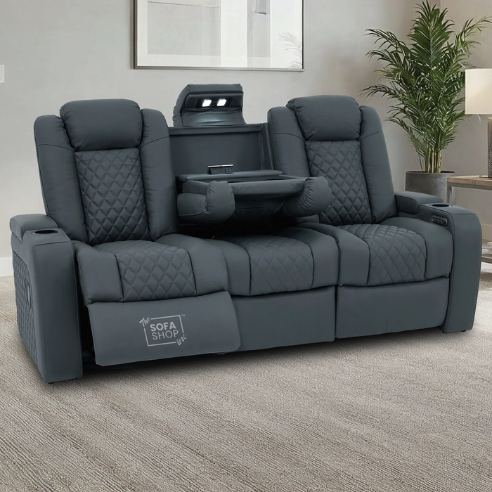 3 Seater Real Leather Electric Recliner Cinema Sofa in Grey | Hi-Tech Sofa with Power Lumbar, Bluetooth, Fold-Down Table & Storage | Milano | The Sofa Shop