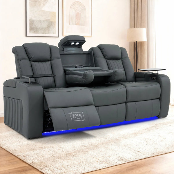 3 Seater Recliner Cinema Sofa | Theatre Couch in Grey Real Leather with USB Ports, Heating, Cup Holders, and Wireless Charger | Capri | The Sofa Shop