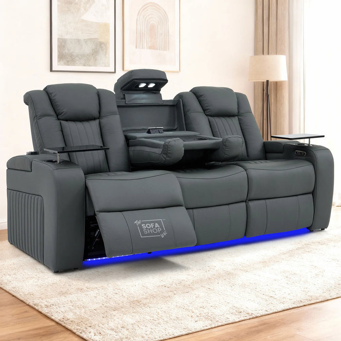 3 Seater Recliner Cinema Sofa | Theatre Couch in Grey Real Leather with USB Ports, Heating, Cup Holders, and Wireless Charger | Capri | The Sofa Shop